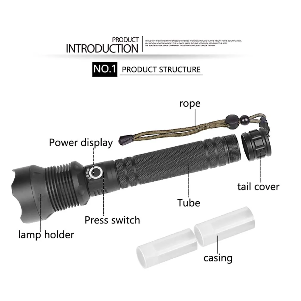 Linterna de alta potencia XHP70 con carga USB, luz LED potente, zoom retráctil, batería 18650 o 26650