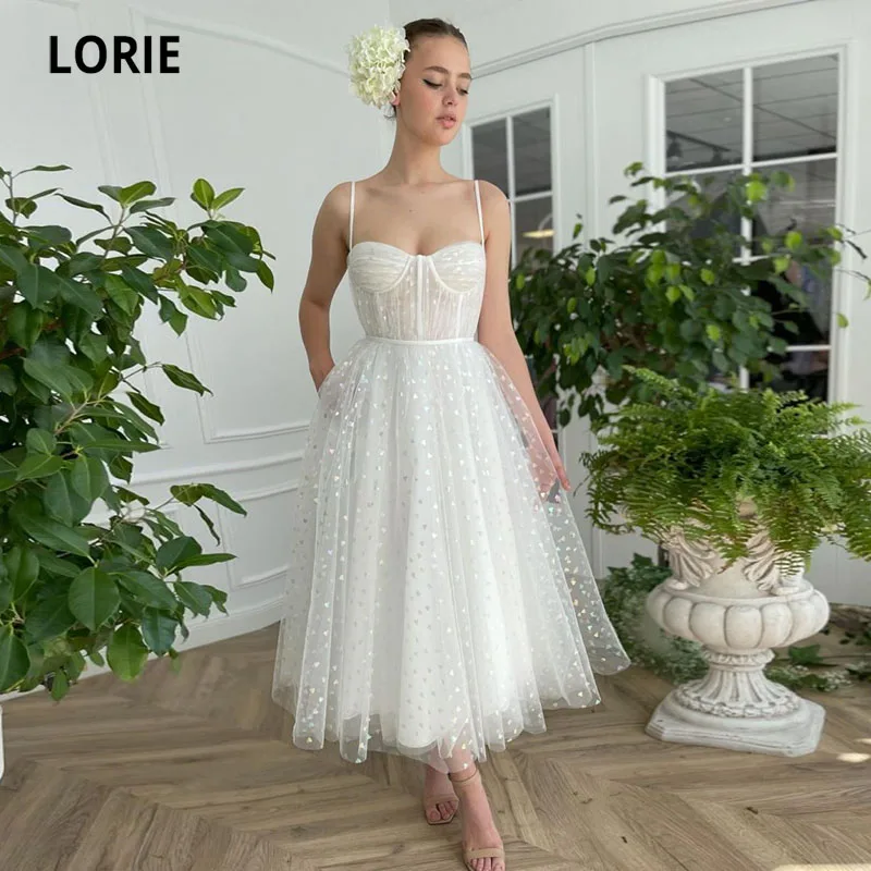 LORIE Glitter Prom Kleider Spaghetti-trägern Glänzenden Liebe Tüll Tee Länge Weiß Sommer Arabisch Hochzeit Graduation Kleid