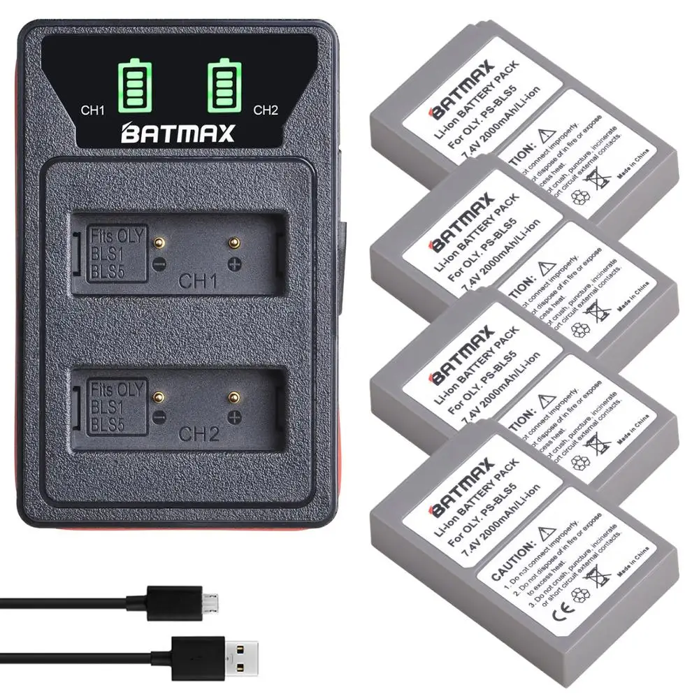 Batmax PS-BLS5 PS-BLS50 BLS5 Battery+New LED Dual Charger with Type C  for Olympus E-PL2,E-PL5,E-PL6,E-PL7,E-PM2, OM-D E-M10