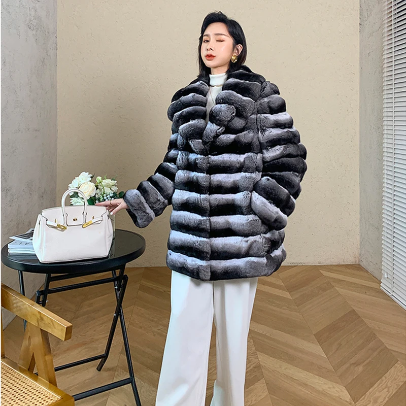 Ftangaiur Winter Import Cyan Blau Chinchilla Mantel Umlegekragen Medium Frauen Gehobene Natürliche Farbe Chinchilla Pelzmäntel