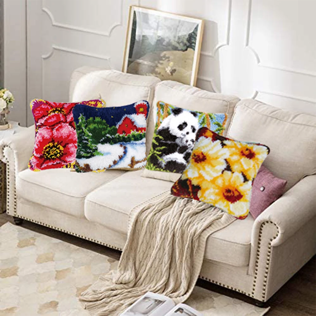 DIY Crochet Yarn Kits, Needlework Latch Hook Kit Unfinished Crocheting Rug Yarn Cushion Embroidery Carpet Set