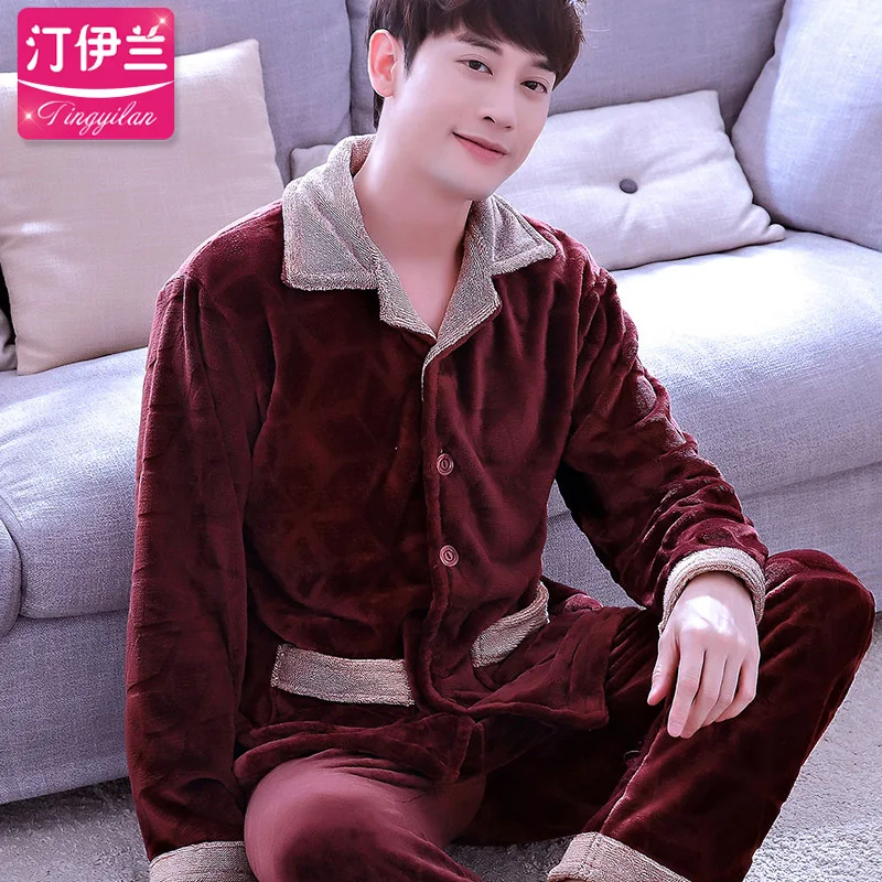 H5873 Men Pajamas Set Thickened Flannel Long Sleeve Nightgown Autumn Winter Coral Velvet Home Clothes Plus Size Loose Sleepwear