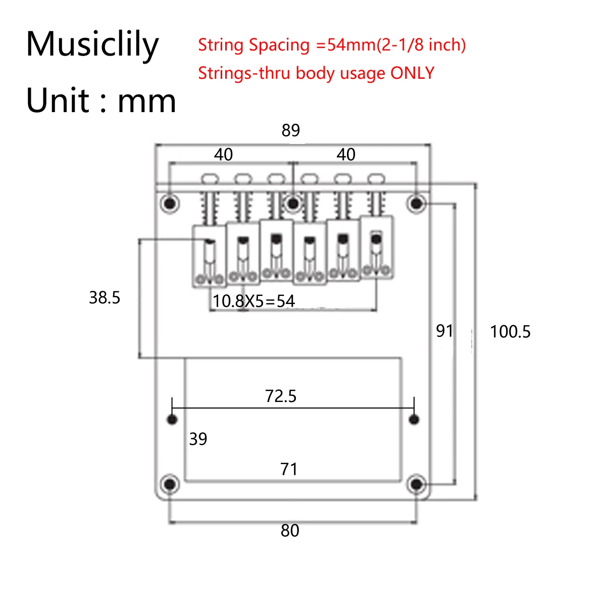 Musiclily Pro 54mm Humbucker Tele Style Bridge with 6 Stainless Steel Saddle for Telecaster Electric Guitar, Gold