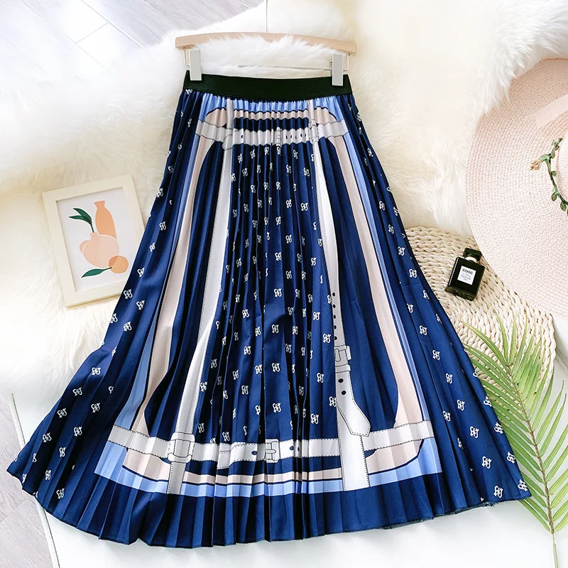 Vintage Print Pleated Skirts Women 2021 Beach Boho Party Skirts Elastic Waist Strechy Floral Long Midi A-Line Skirt Y2k Skirt