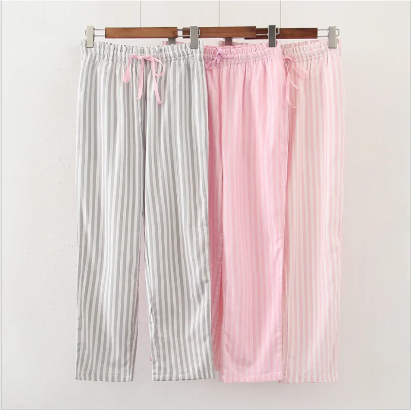 Spring Summer Women 100% Cotton Home Pants Female Lounge Trousers Sleepwear Pants Ladies Casual Striped Sleep Bottoms S-XL