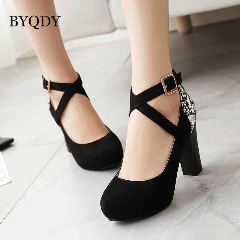 BYQDY Fashion Cross-tied Ankle Strap Female Pumps Wedding Party Shoes Platform Round Toe Dress Women Shoes High Heels Suede Shoe