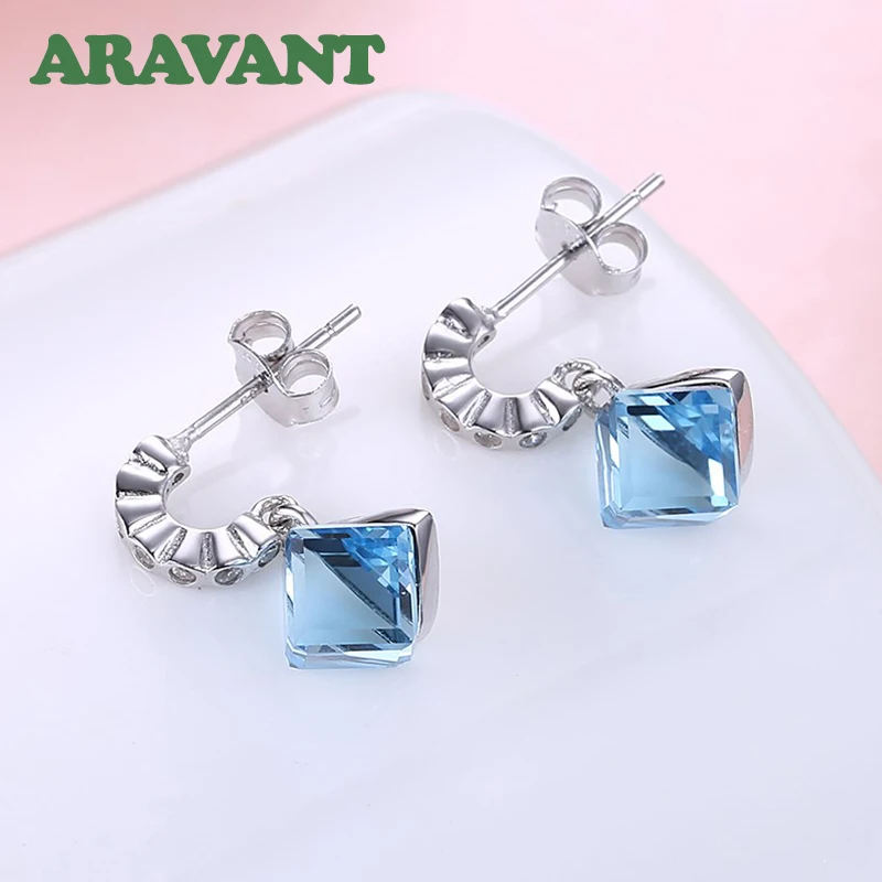 925 Sliver Square Aquamarine Gemstone Earring For Women Fashion Jewelry