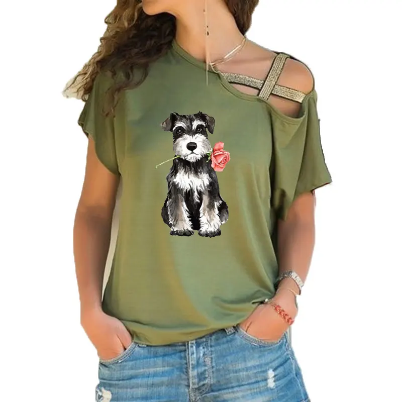 New Summer Cute Rose Mini Schnauzer stampa divertente Teeshirt donna manica corta sciolto irregolare obliquo croce fasciatura top Tee