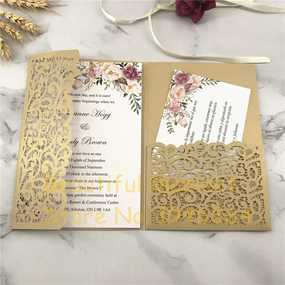 

50pcs/lot Lace Wedding Invitations Card Laser Cut Rose Flower Greeting Card Kits Wedding Bridal Shower Gift Event Party Supplies