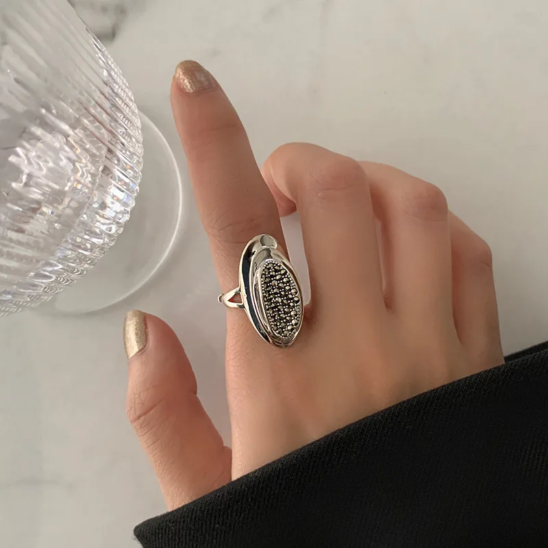LIVVY Silver Color New Fashion Vintage Creative Geometric Oval Zircon Rings for Women Party Jewelry Birthday Gifts