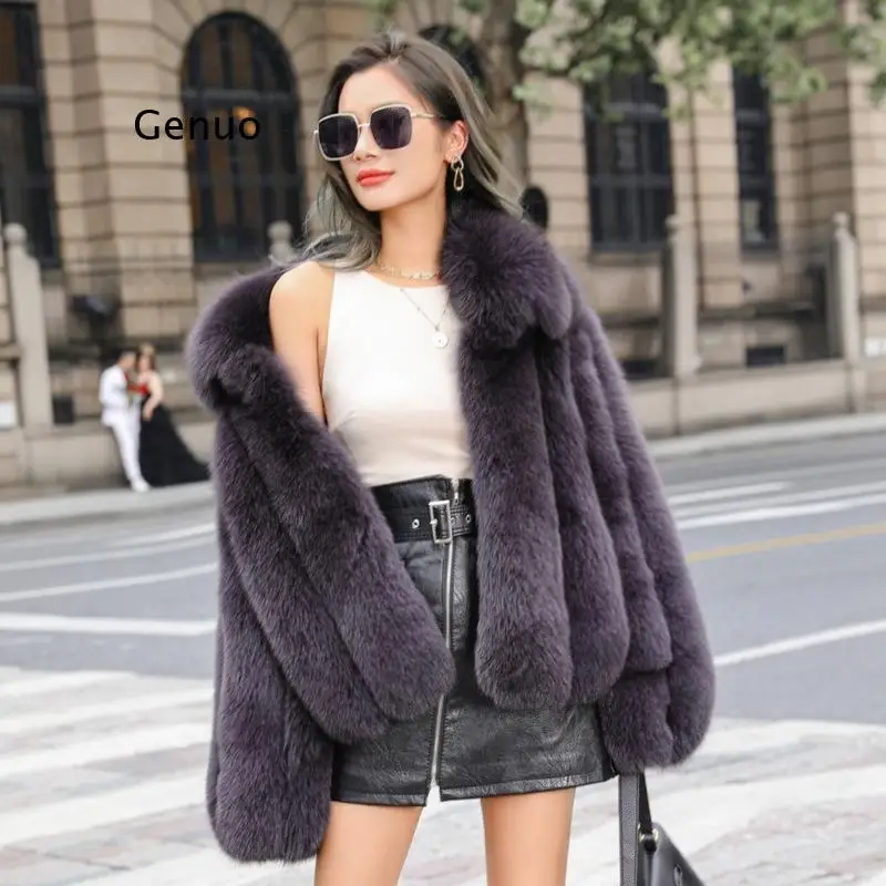 ผู้หญิง Faux Fox ขนสัตว์ฤดูหนาวแฟชั่น Sky Blue ยาวหรูหราปลอม Fox Fur แจ็คเก็ต Lapel คอคุณภาพสูงเสื้อกันหนาว Outwear