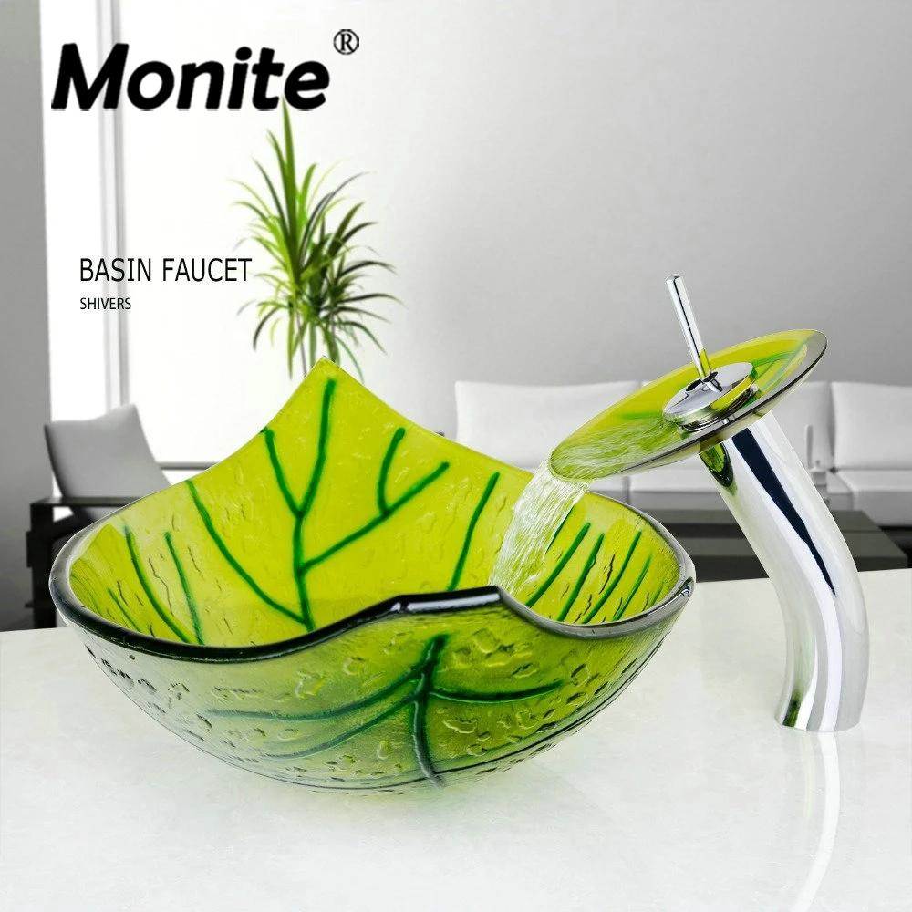 Monite Green Leaf Hand-Paint Washbasin Tempered Glass Basin Sink Faucet W/ Glass Basin Set W/ Pop Drain for Bathroom