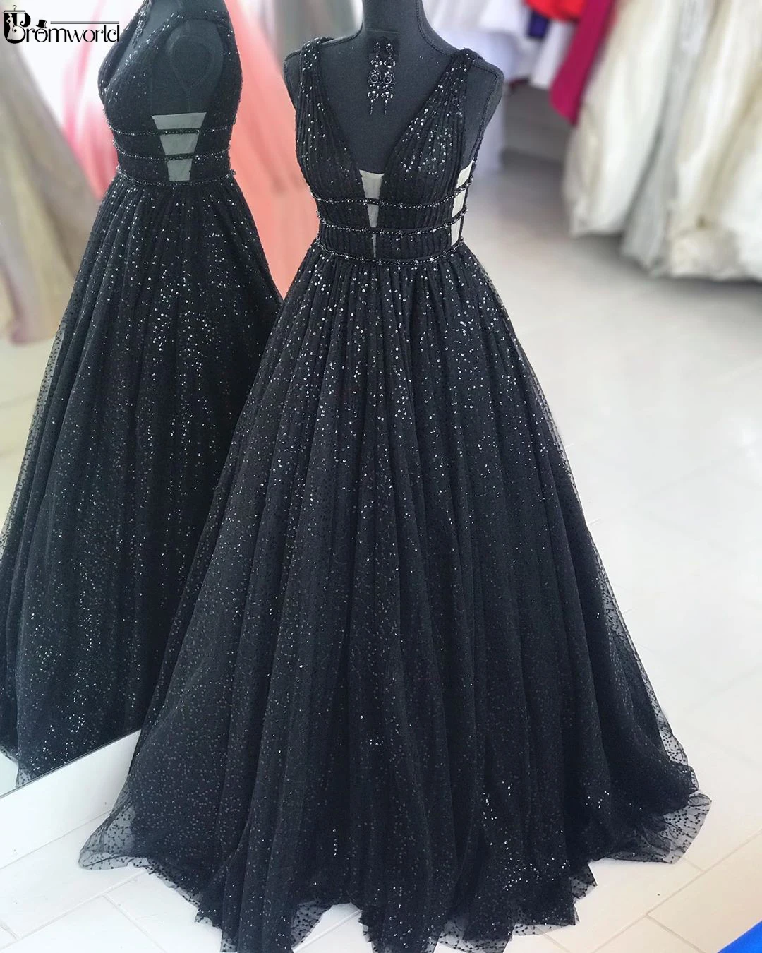 Bling Bing V-Neck Black Evening Dress 2024 A-Line Sequin Beaded Formal Evening Gowns Real Pictures Party Prom Dresses Long