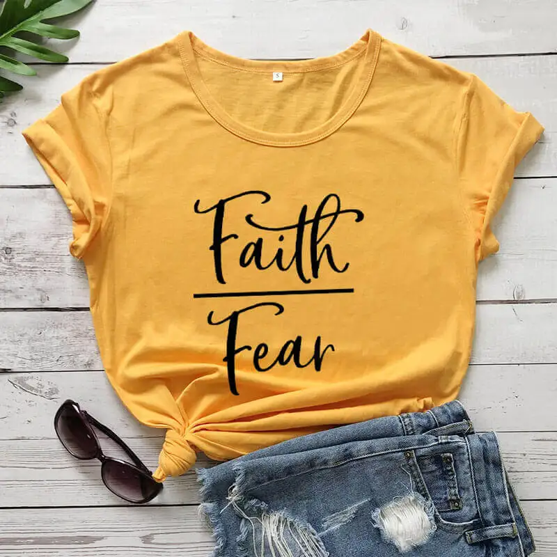 

Faith Over Fear Printed Funny 100%Cotton Shirt Gift for Her Faith Tees Christian Jesus Short Sleeve Tops