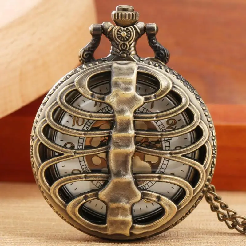 Bronze Spine Ribs Antique Skeleton Steampunk Hollow Quartz Pocket Watch Necklace Pendant Sweater Chain Vintage Gifts for Men