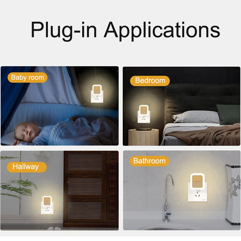 US/EU Plug-in LED Night Light Smart Dusk to Dawn Sensor Daylight Adjustable Brightness Switch Wall lamp for Bedroom, Kitchen