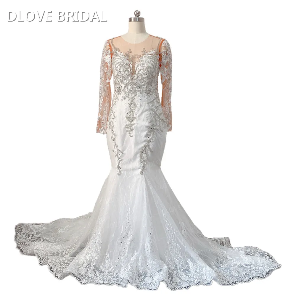 

Illusion Long Sleeve Mermaid Wedding Dress High Quality Lace Royal Train Bridal Gown New Arrival