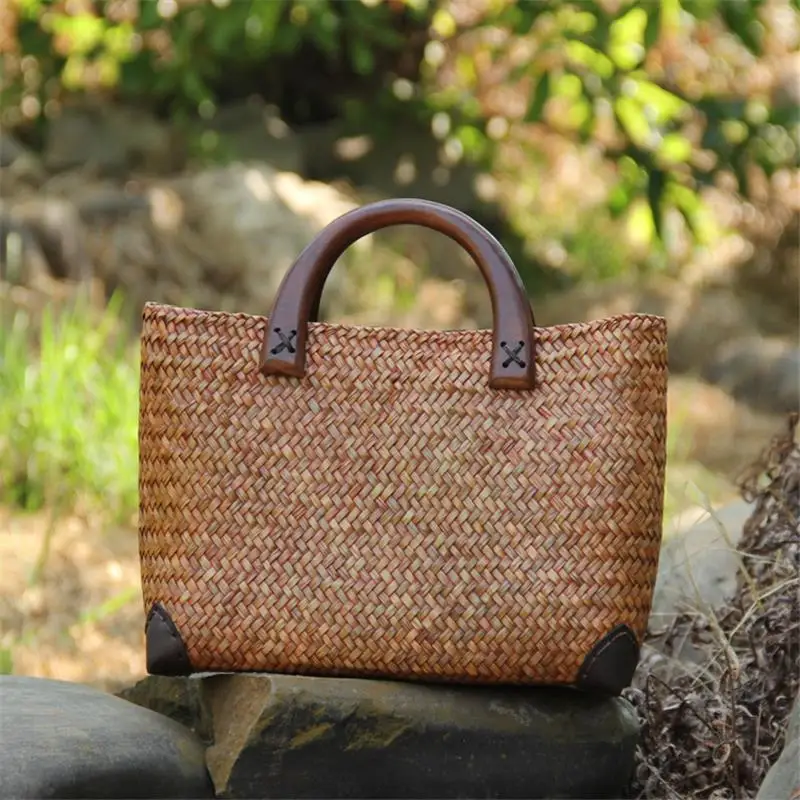 34x16CM  Original Chinese Style Features Handmade Old Straw Bag Rattan Woven Wooden Handle Retro Handbag a6115