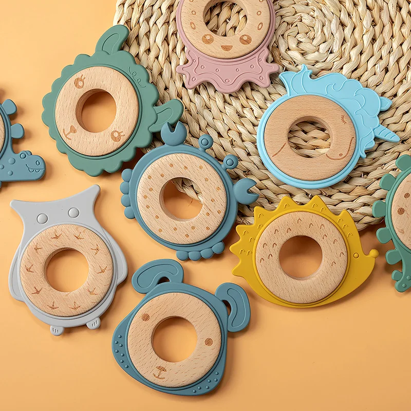 TYRY.HU 1Pc Baby Silicone Teether Wooden Ring Teether Cartoon Animal Shaped Baby Teething Pendant Newborn Gifts Accessories