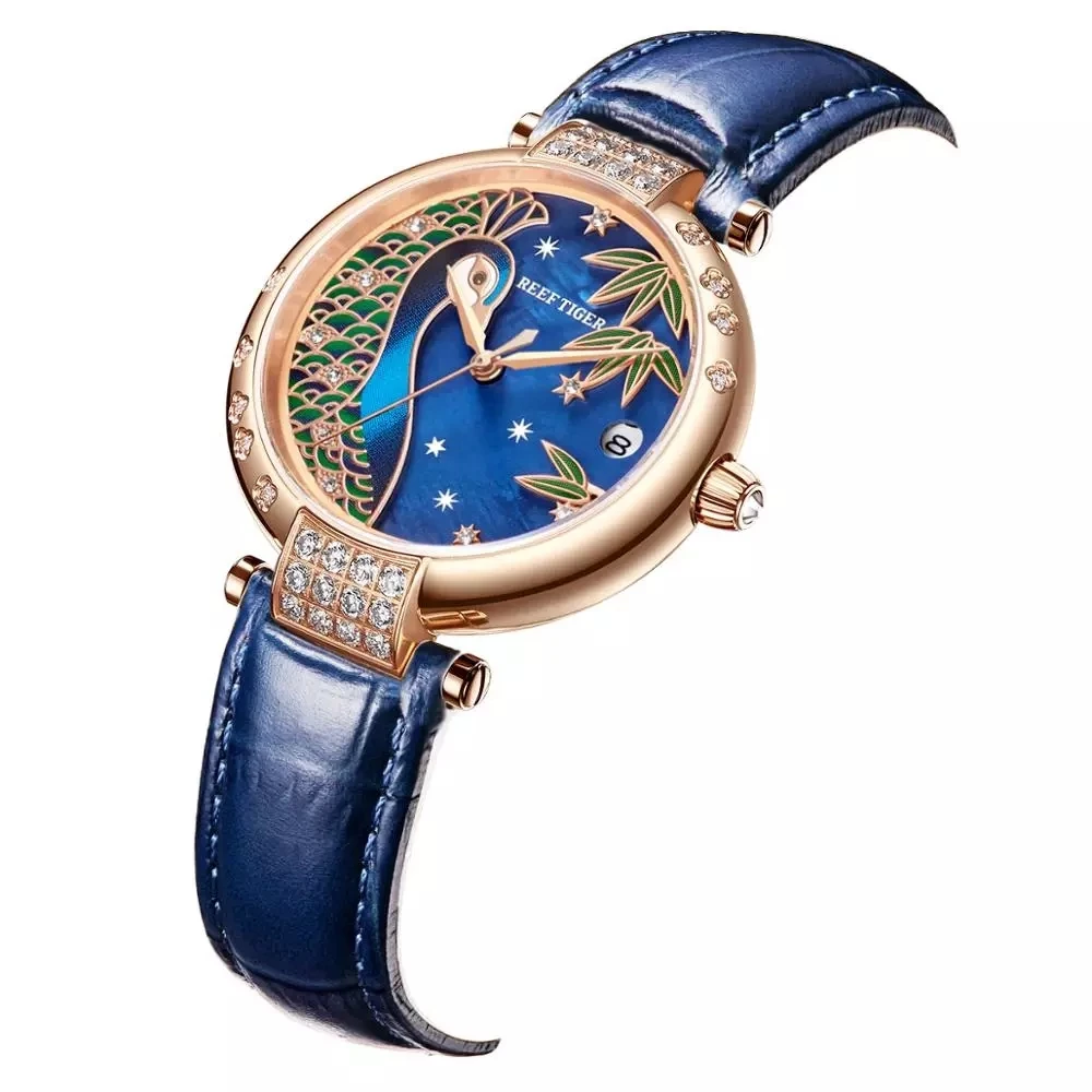 Reef Tiger/RT Gold Rose Women Miyota Movement Automatic Mechanical Watch Genuine Leather Strap Sapphire Glass Waterproof Watches