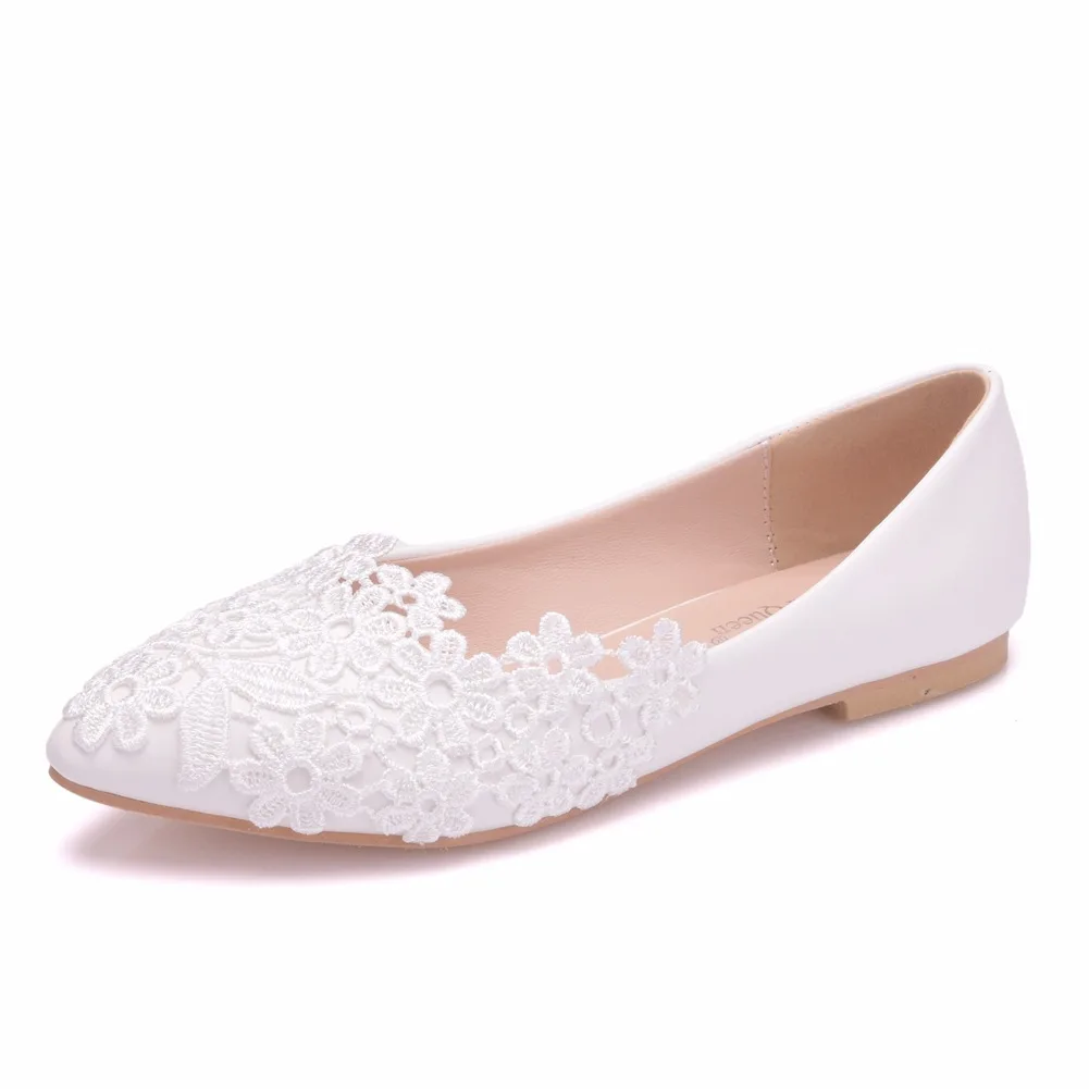 White Ballet Flats Lace Wedding Shoes Flat Heel Casual Shoes Woman Pointed Toe Princess Wedding Flats Plus Size 43