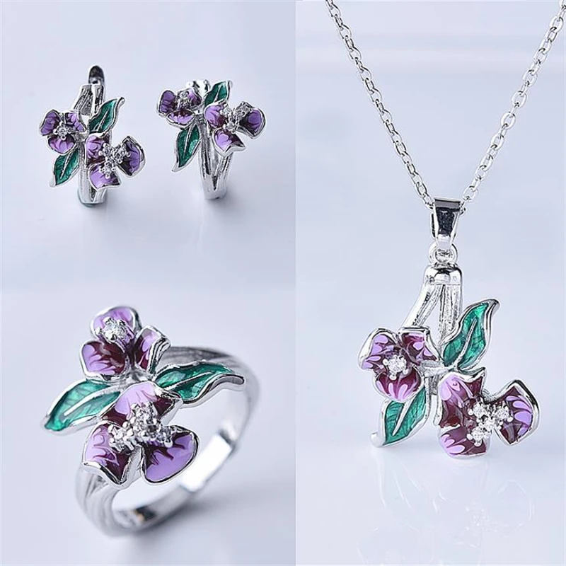 

KOFSAC New Trendy 925 Silver Necklaces For Women Exquisite Enamel Violet Flower Earring Ring Jewelry Sets Lady Anniversary Gifts