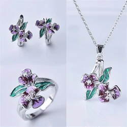 KOFSAC New Trendy 925 Silver Necklaces For Women Exquisite Enamel Violet Flower Earring Ring Jewelry Sets Lady Anniversary Gifts