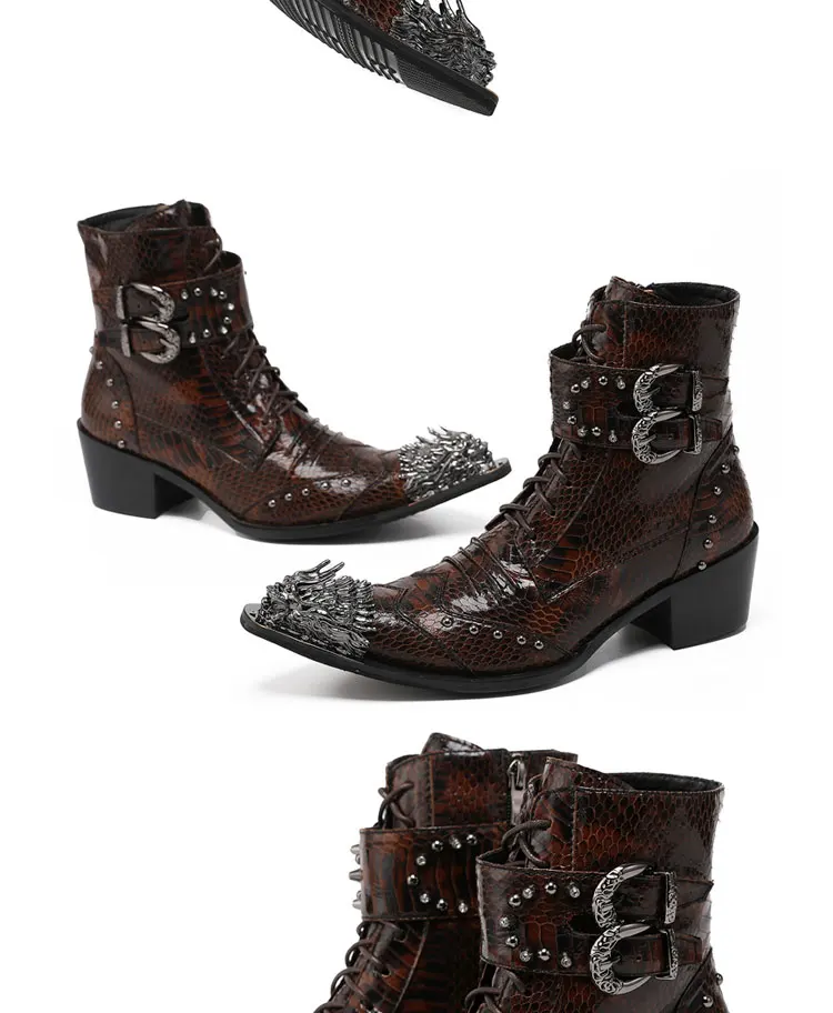 Herren Maßgefertigte Schlangenleder-Stiefel mit Nieten, Mittelhoch, Spitze Zehenkappe, Luxuriöser Singer-Modell-Stil, Bar-Party, Persönlichkeit, Herbstschuhe – Detail 17