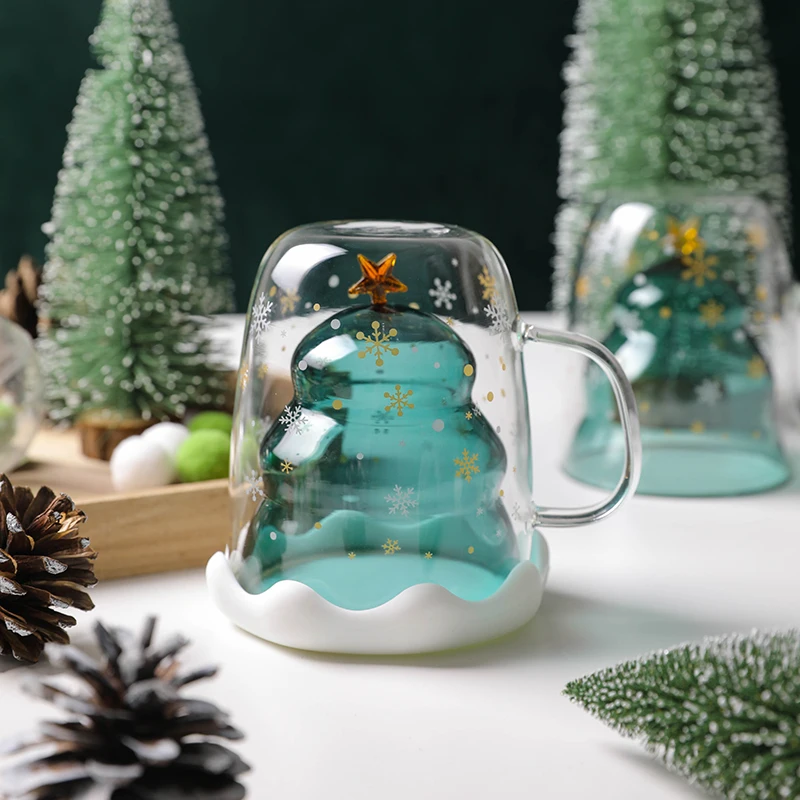 Christmas Glass Mug Double Insulated Wishing Cups Upside Down Christmas Tree Mugs Snow Cover Snowflake Printed Glass Milk Cup