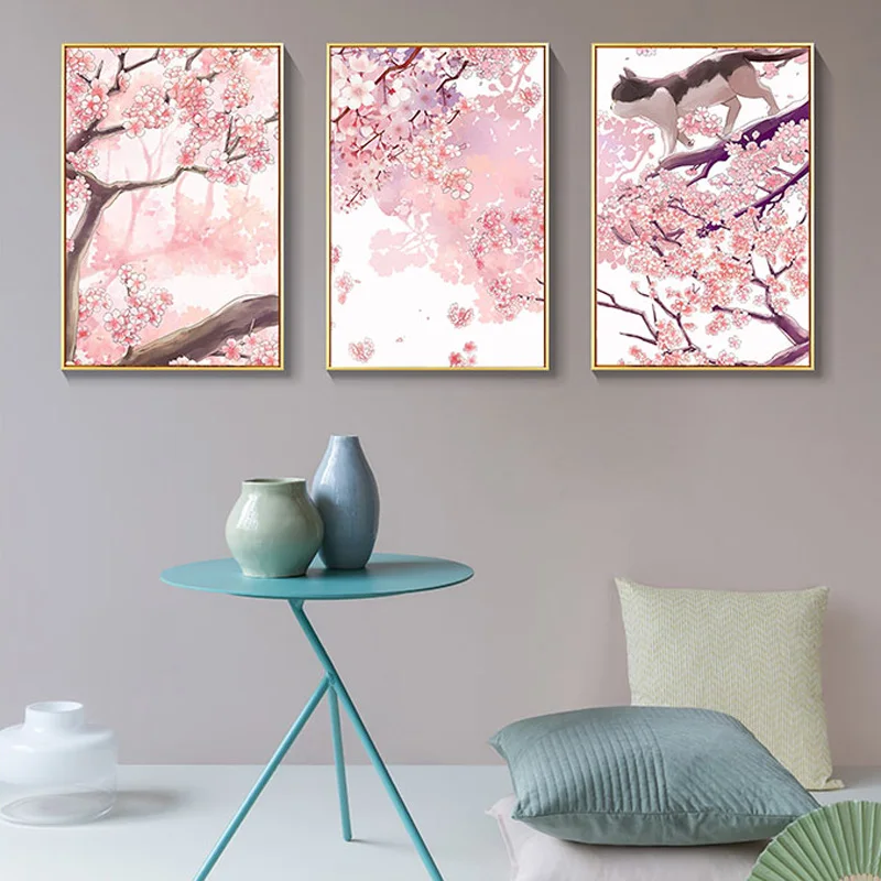 

Wall Art Prints Poster Japanese Style Cherry Blossom Landscape Canvas Painting Cat Pink Posters And Prints Living Room