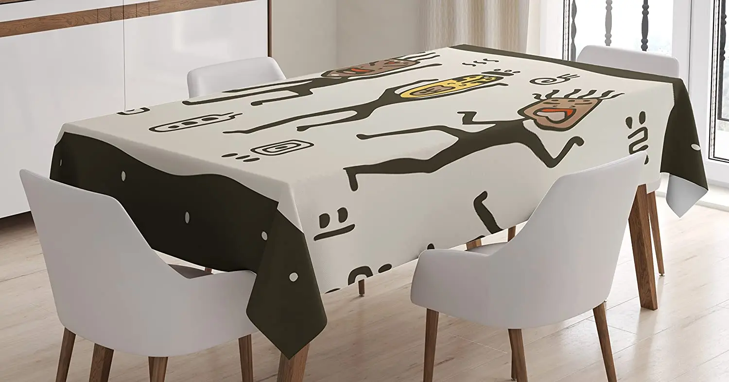 

Design Prehistoric Cartoon Dancing Natives Wearing Tribal Print Custom Table Cover