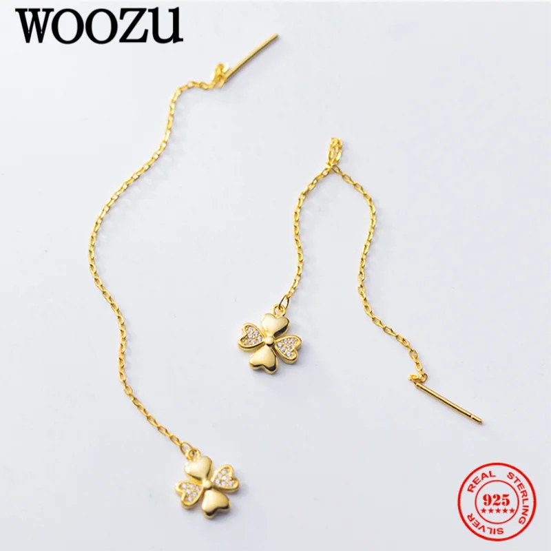 WOOZU 925 Sterling Silver Romantic Cute Four Leaf Love Zircon Chain Tassel Stud Earrings For Women Simple Ear Line Jewelry