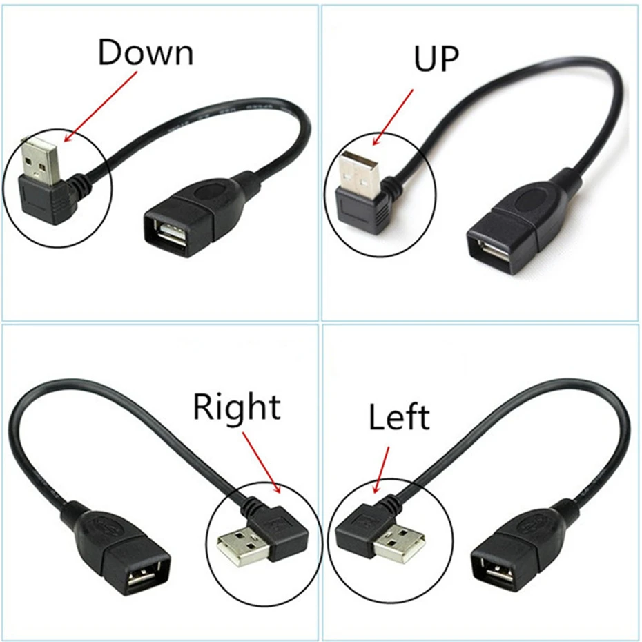 USB 2.0 Type A Male to Female Expansion Cable Adapter 90 Degree UP Down Left Right Angle for PC Computer