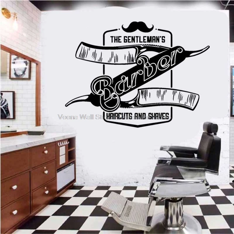 Men's barber shop vinyl wall decals stylist hair salon mustache razor barber shop window shop sign decoration sticker mural gift