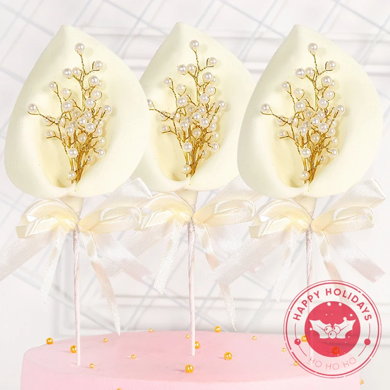 

1pc New Calla Lily Pearl Stamen Cake Decoration Plug-in Birthday Wedding Dessert Table Main Banquet Baking Decor Card