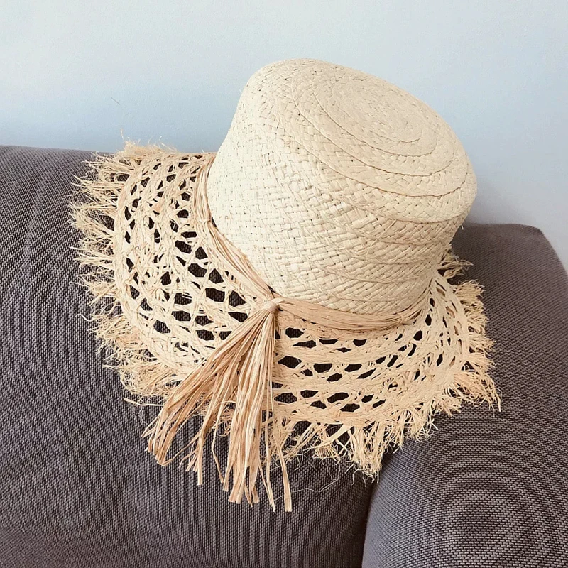 2020new fashion Summer Sun Hats For Women Ladies Handmade Lafite Straw Sunshade Sun Visor Beach Hat Ribbon Sunhat Floppy Vintage