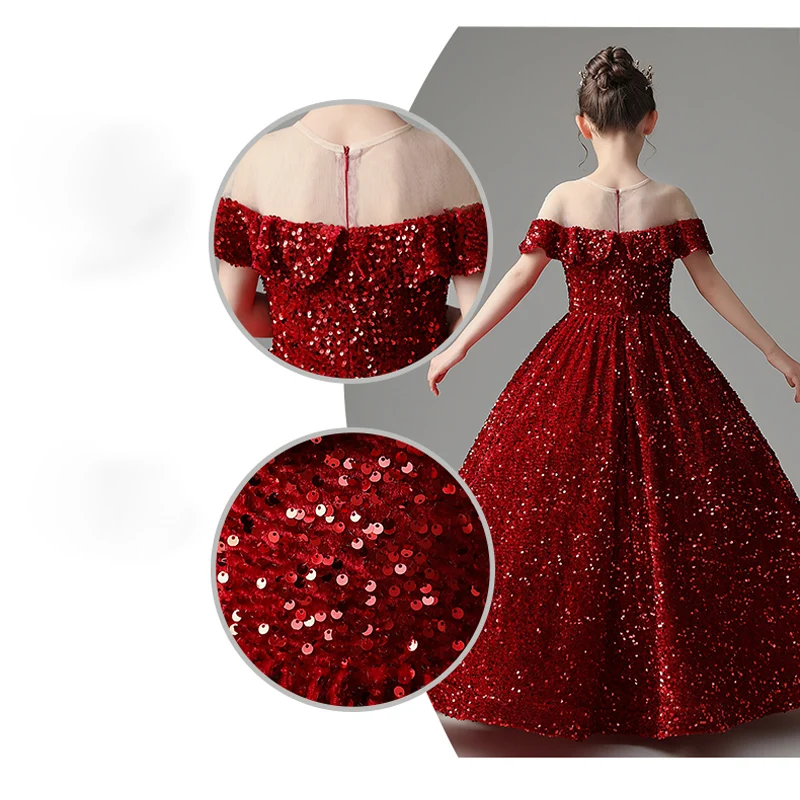 Eye Catching Burgundy Spakling Sequins Flower's Dresses Sheer Neckline Floor Length Ball Gown Girl's Party Dress