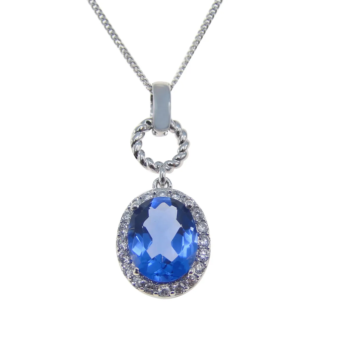 Blue Tanzanite White Topaz Brass Pendant Chain Necklace