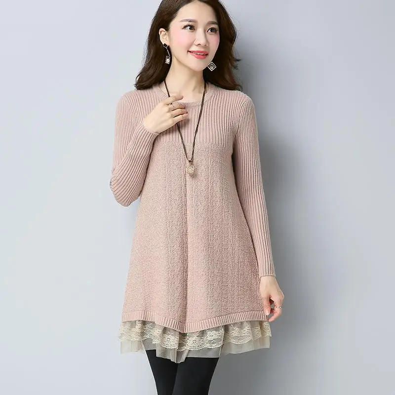 Fall/Winter 2024 New Women\'s Lace Stitching Sweater Dress Solid color Loose Long-sleeved Pullovers Fashion Female Knit Sweaters