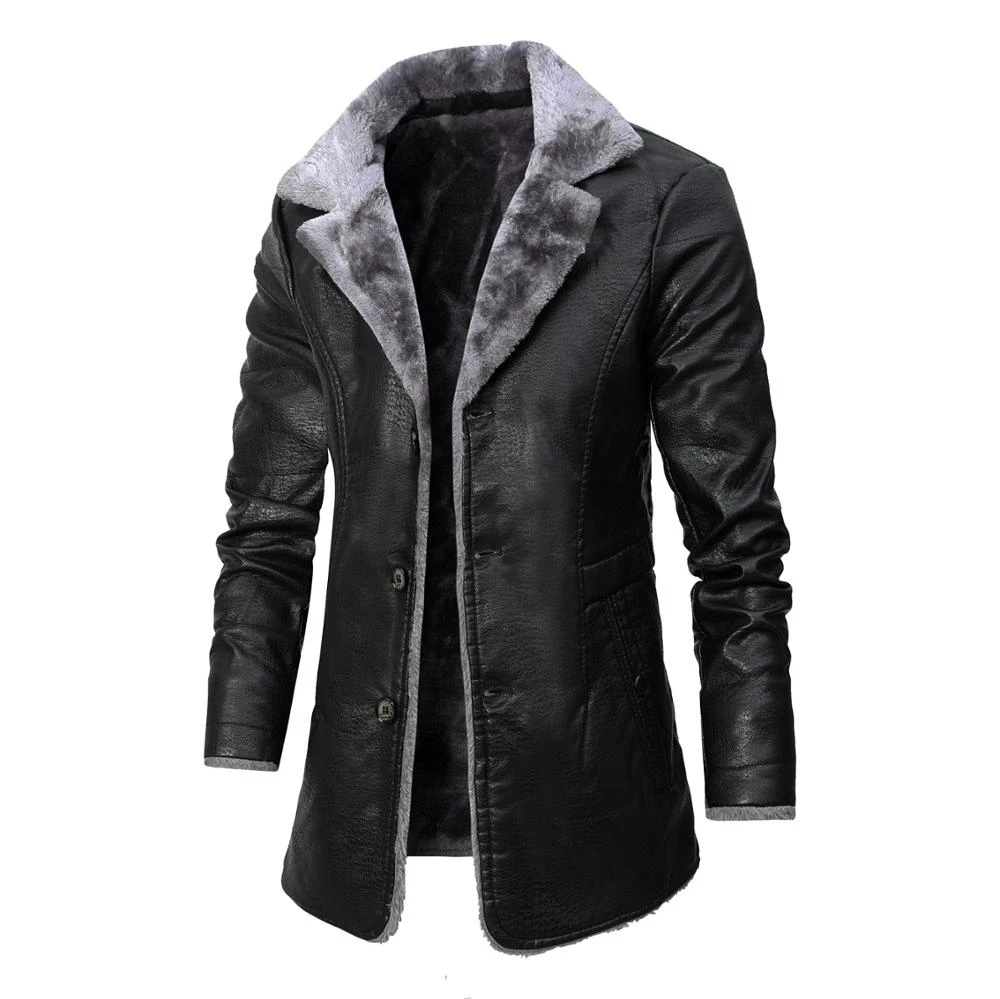 Male Thick Fleece Leather Jacket Men Mid-length Winter Fashion Vintage PU Leather Coats Men High Quality Casual Faux Jacket