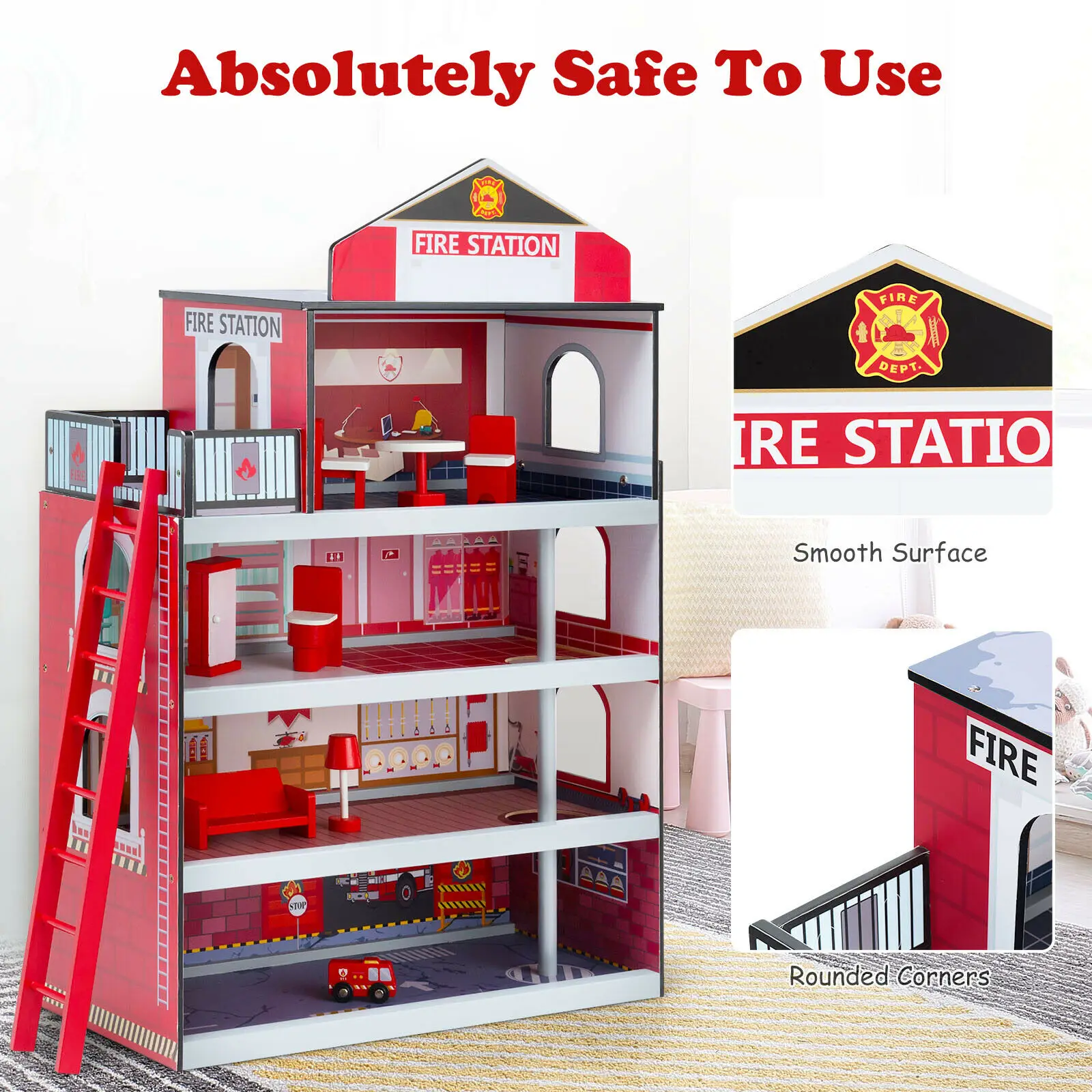 Costway Fire Station Playset Wooden Dollhouse Fireman Toys w/ Truck & Helicopter  TY327905