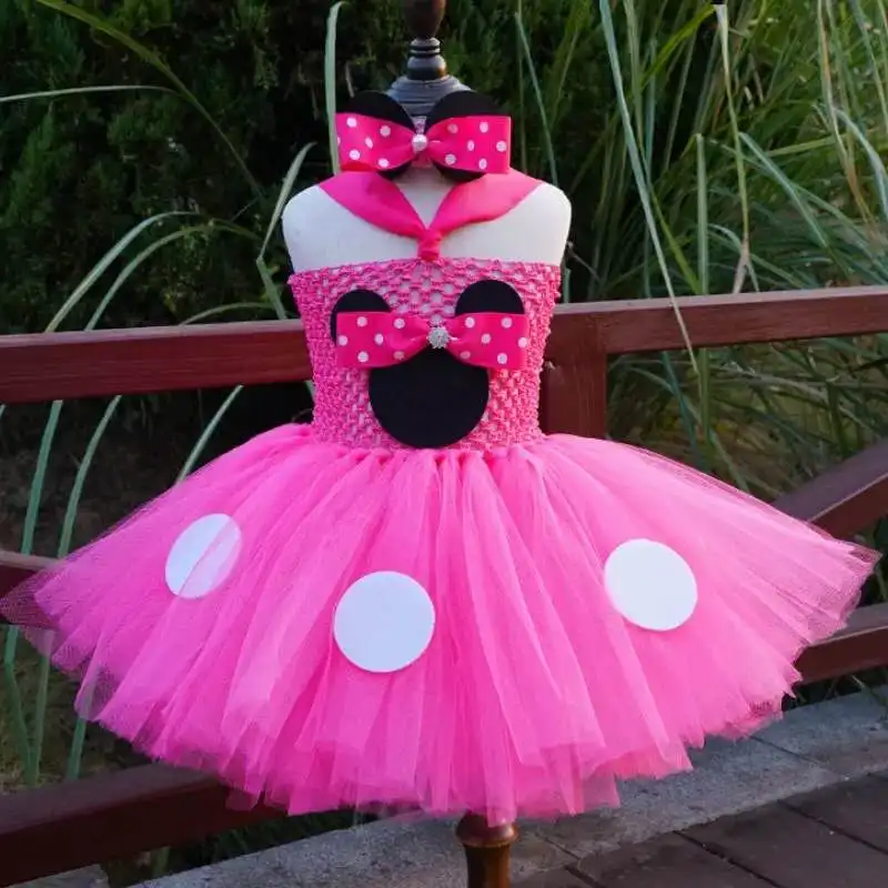 Cute Girls Pink Mickey Tutu Dress Baby Crochet Tulle Dress with White Dots and Hairbow Kids Birthday Party Costume Cosplay Dress