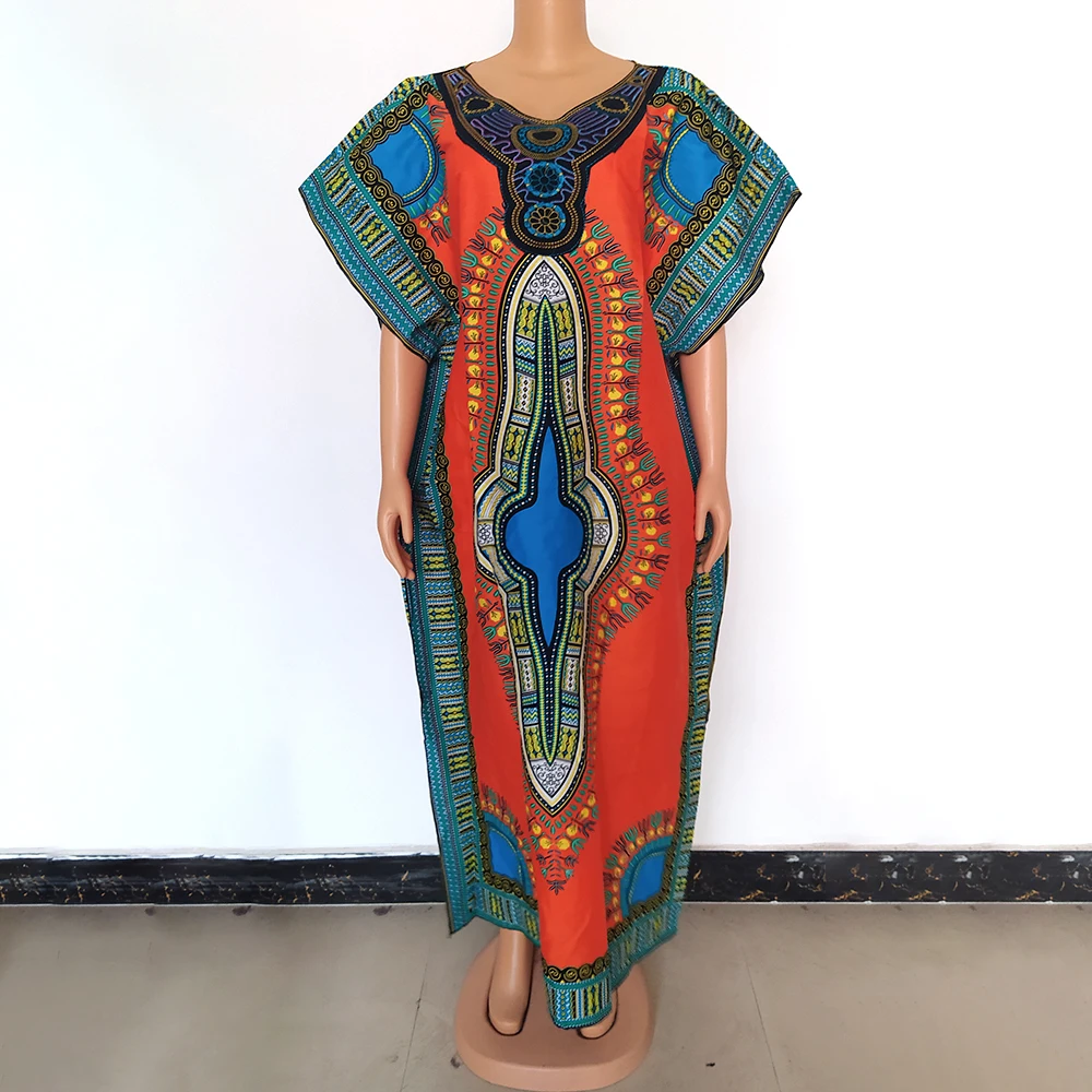 

Dashiki Print 2021 African Fashion Dresses For Women V-neck Applique Short Bat Sleeve Side Split Femme Robe Party Gowns