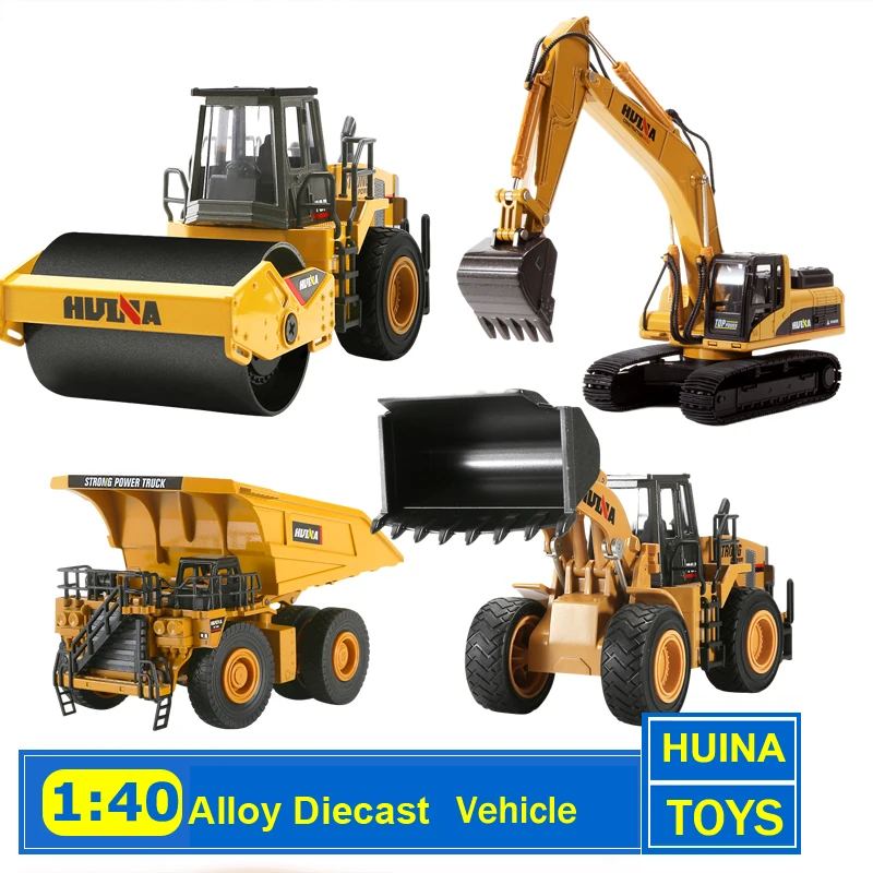 HUINA 1:40 Alloy Diecast Vehicle Excavator Engineering Model Loader Metal Truck Collection Boys Birthday Gift Car Christmas Toys