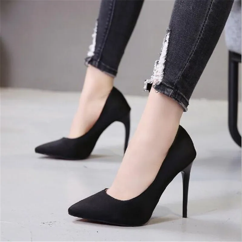 

Plus Size 44 Pumps Women Shoes Red Flock Slip-On Shallow Wedding Party Pointed Toe High Heels Pump Chaussures Femme 2019