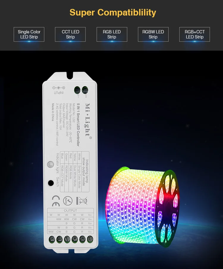 2.4G Remote WiFi Smart LED Controller 5 in 1 LED Strip Receiver CCT RGB RGB+W RGB+CCT Dimmer LS2 DC12-24V input