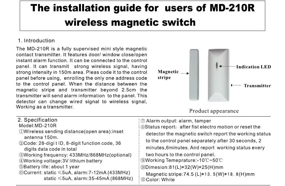 Meian Focus 433Mhz ou 868Mhz Frequência MD-210R Sensor magnético de janela de porta Alarme detector aberto com alerta de bateria fraca