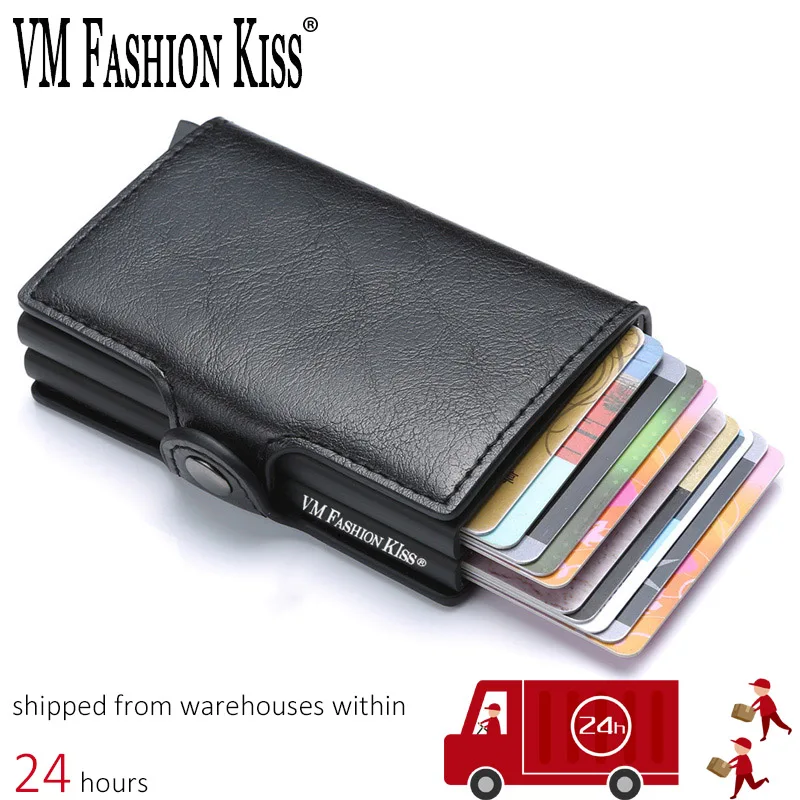 

VM FASHION KISS Carbon Fiber High Quality Wallet Pu Leather RFID Security Double Aluminum Box Credit Card Holder Men Metal Purse