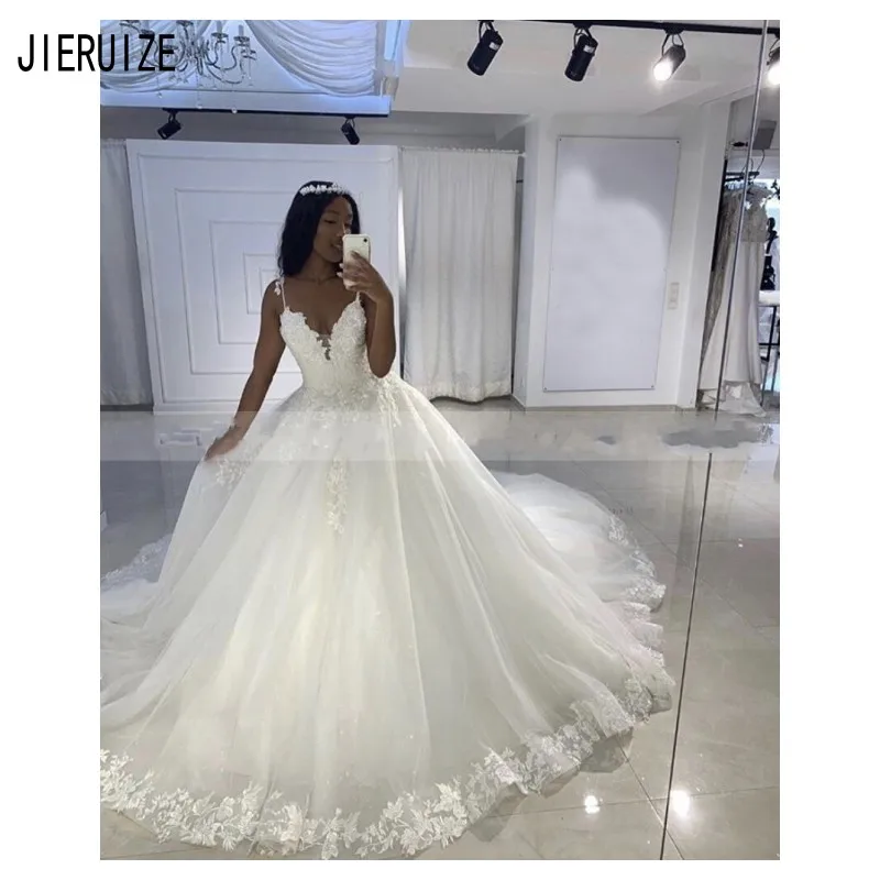 JIERUIZE Modest African Wedding Dresses Spaghetti Straps Appliques Wedding Gowns Lace Up Back Bridal Dresses robe de mariee