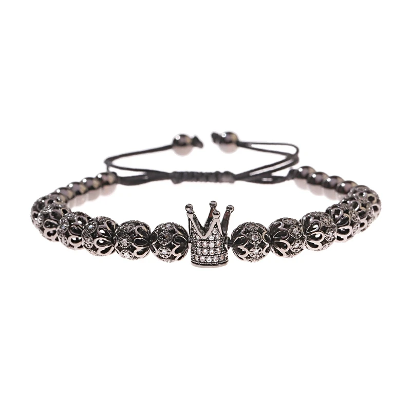 Luxury White CZ Crown Braided Bracelet Fashion Gold Color Carved Flower Copper Beads Bracelet Pulseira Masculina